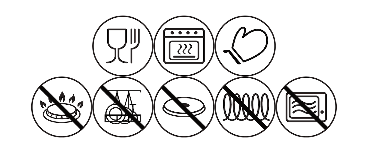 Zestaw ikon przedstawiających ostrzeżenia przy posługiwaniu się formami do pieczenia.